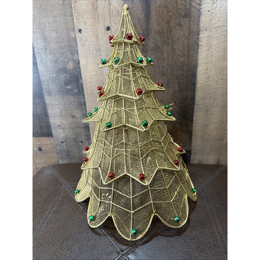Vintage Gold Metal Wire Christmas Tree Tiered Tabletop Centerpiece 12" x 8"